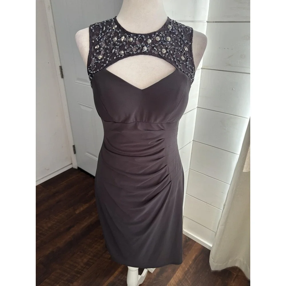 Cache | Dresses | Cache Dress Womens 6 Gray Beaded Lace Cutout Ruched  Sheath Bodycon Cocktail | Poshmark